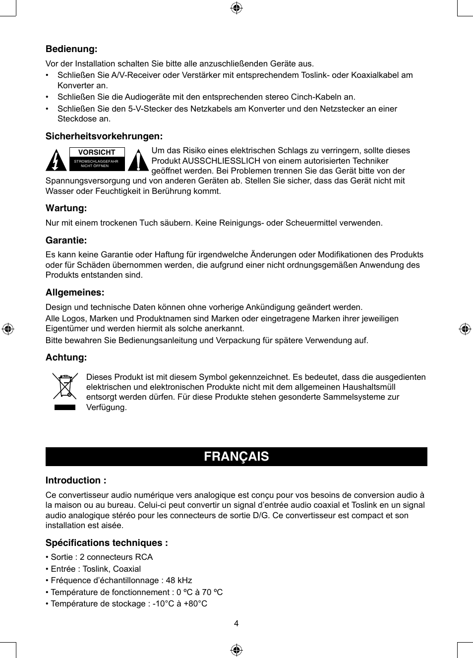 Français, Mode d’emploi (p. 4), Convertisseur optique vers | Stereo rca | Konig Electronic Optical - stereo RCA converter User Manual | Page 4 / 22