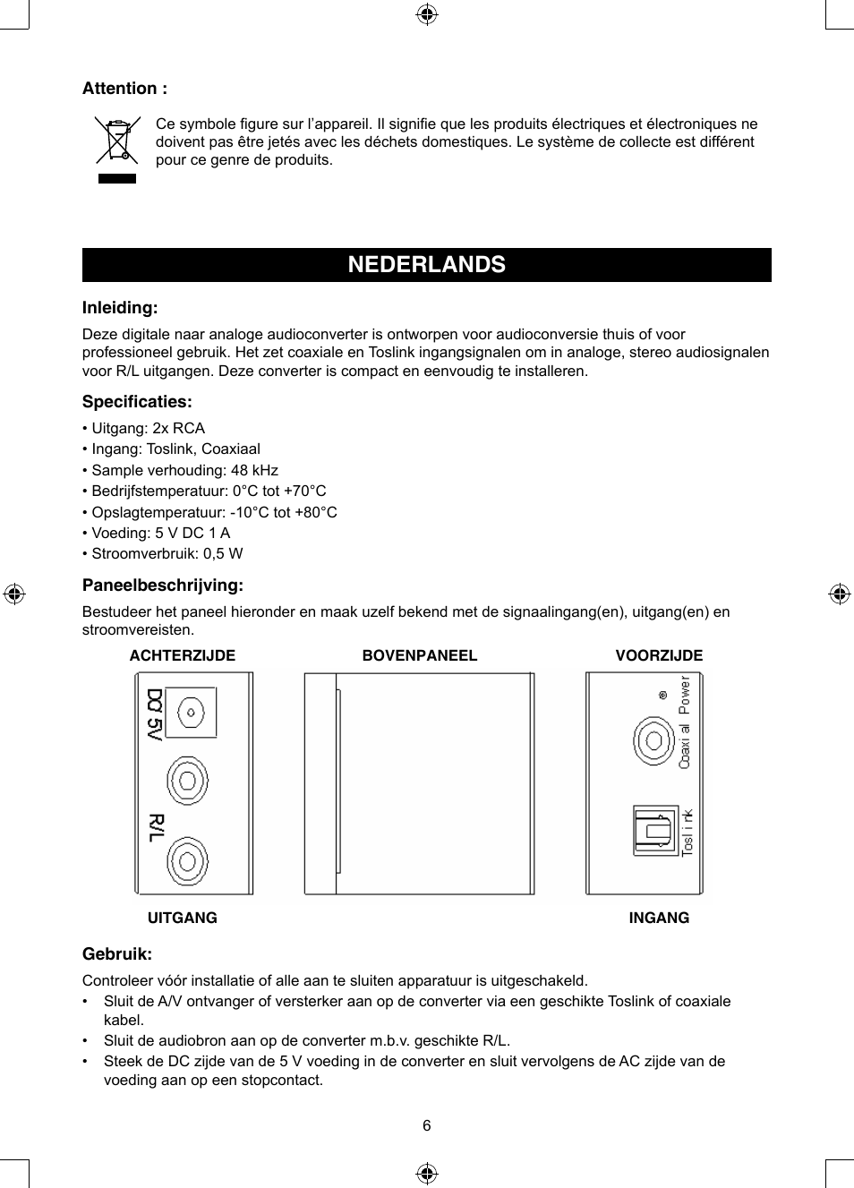 Nederlands, Gebruiksaanwijzing (p. 6), Optisch naar stereo rca | Converter | Konig Electronic Optical - stereo RCA converter User Manual | Page 6 / 22