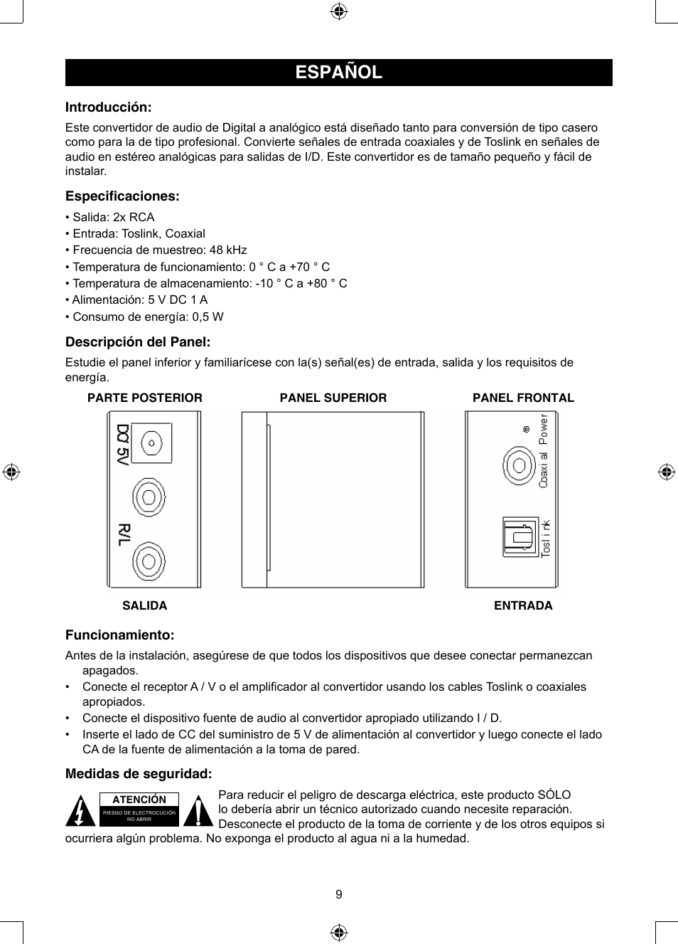 Español, Manual de uso (p. 9), Convertidor rca de óptico a | Estéreo | Konig Electronic Optical - stereo RCA converter User Manual | Page 9 / 22