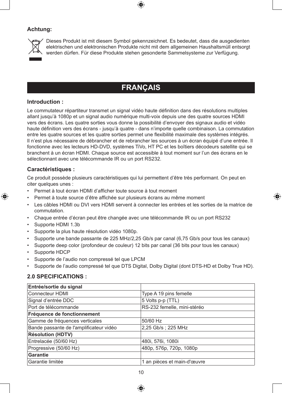 Français | Konig Electronic 4 x 4port HDMI matrix switch User Manual | Page 10 / 52