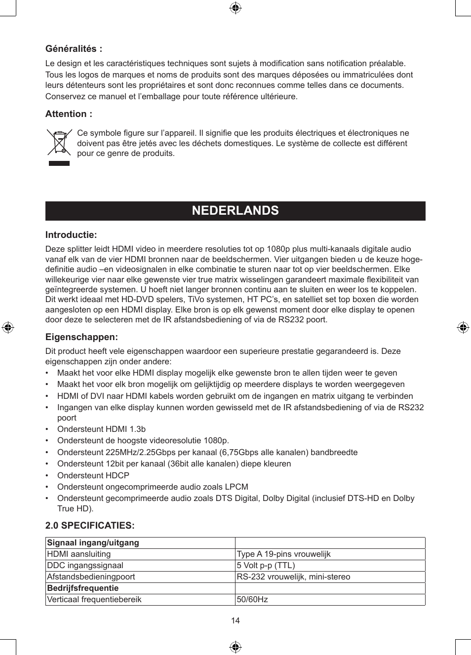 Nederlands | Konig Electronic 4 x 4port HDMI matrix switch User Manual | Page 14 / 52