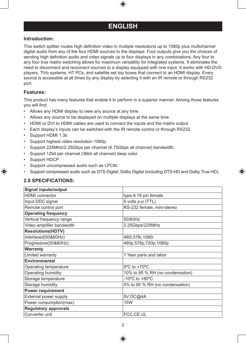 English | Konig Electronic 4 x 4port HDMI matrix switch User Manual | Page 2 / 52