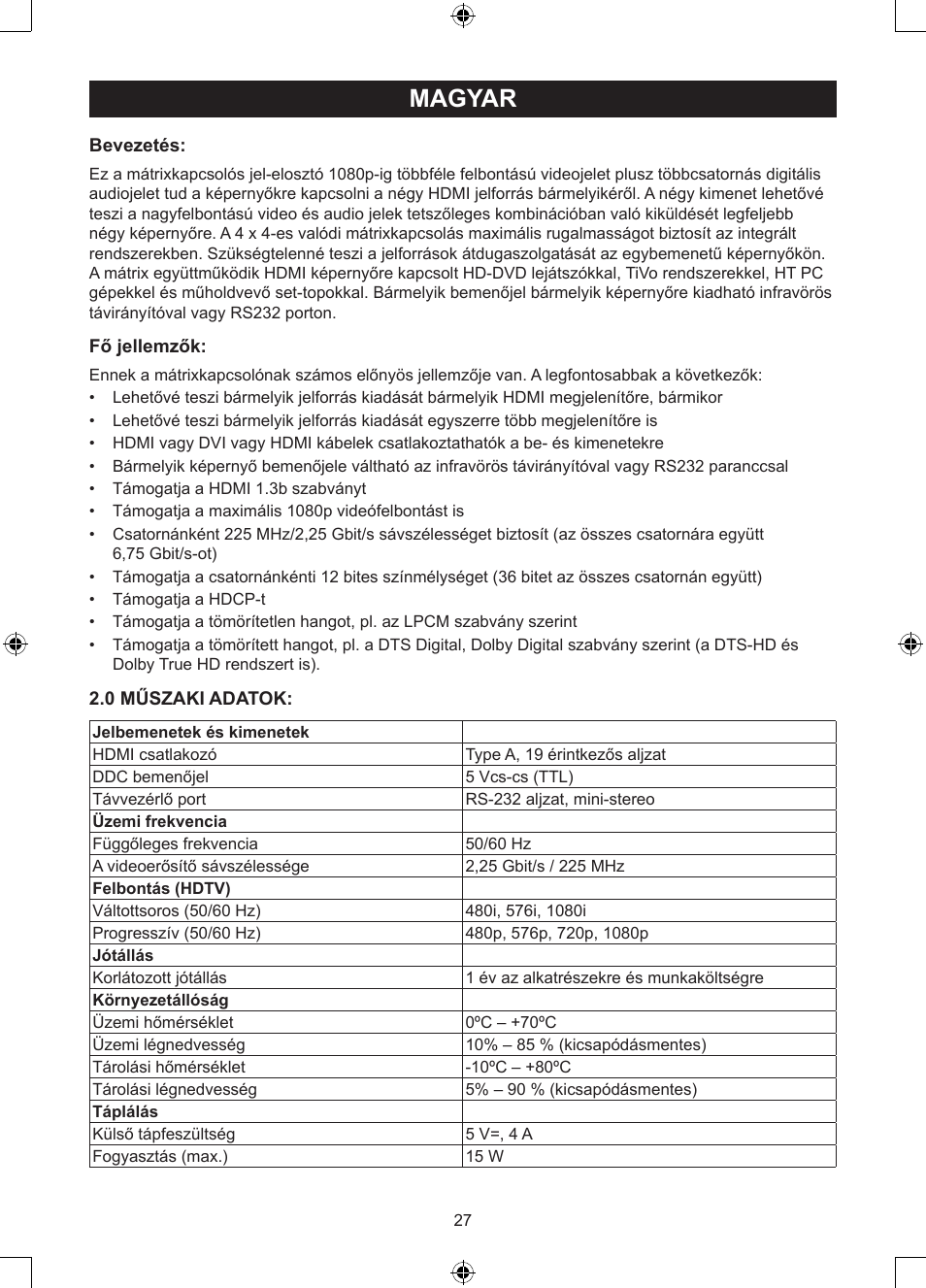 Magyar | Konig Electronic 4 x 4port HDMI matrix switch User Manual | Page 27 / 52