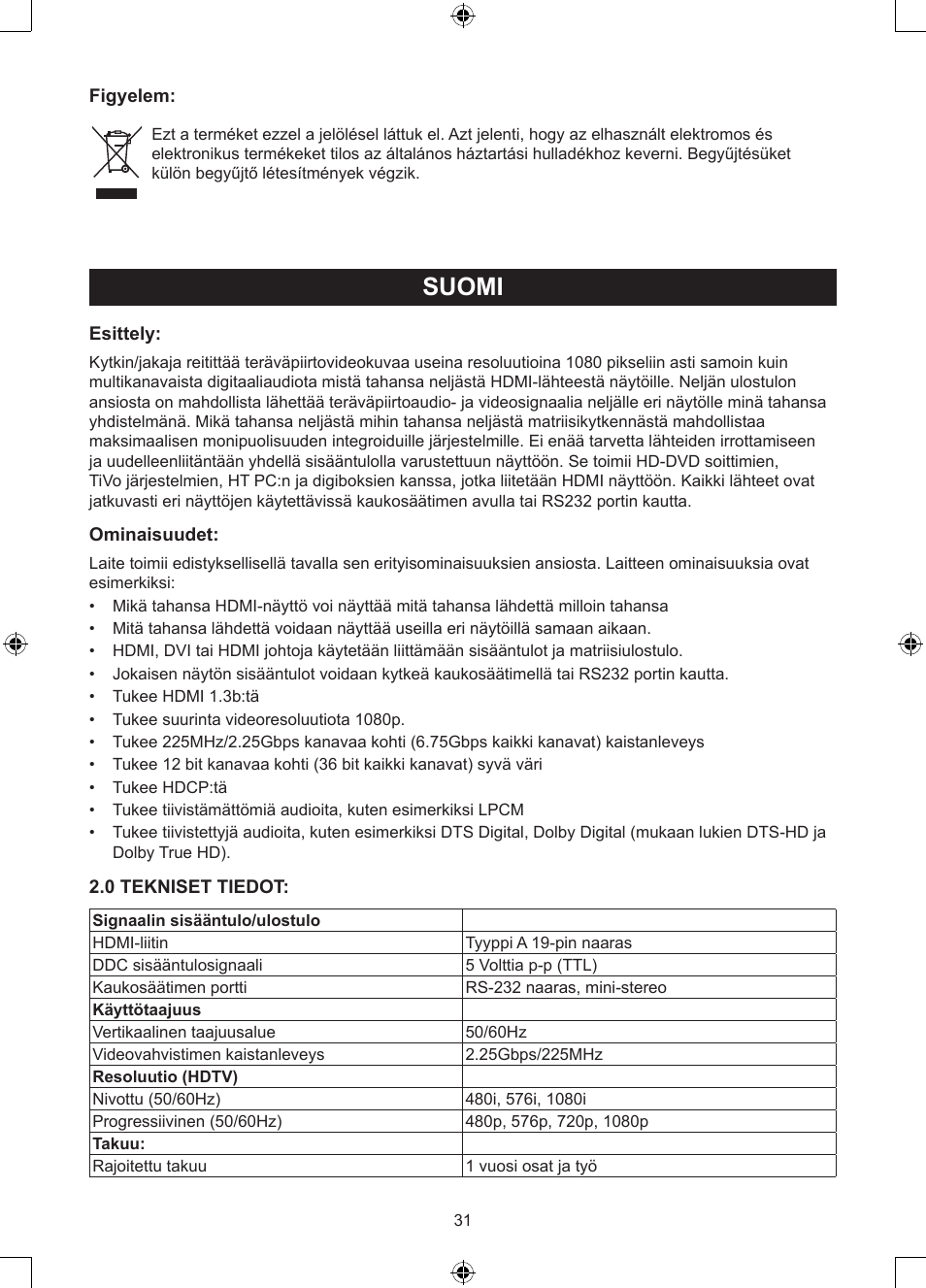 Suomi | Konig Electronic 4 x 4port HDMI matrix switch User Manual | Page 31 / 52