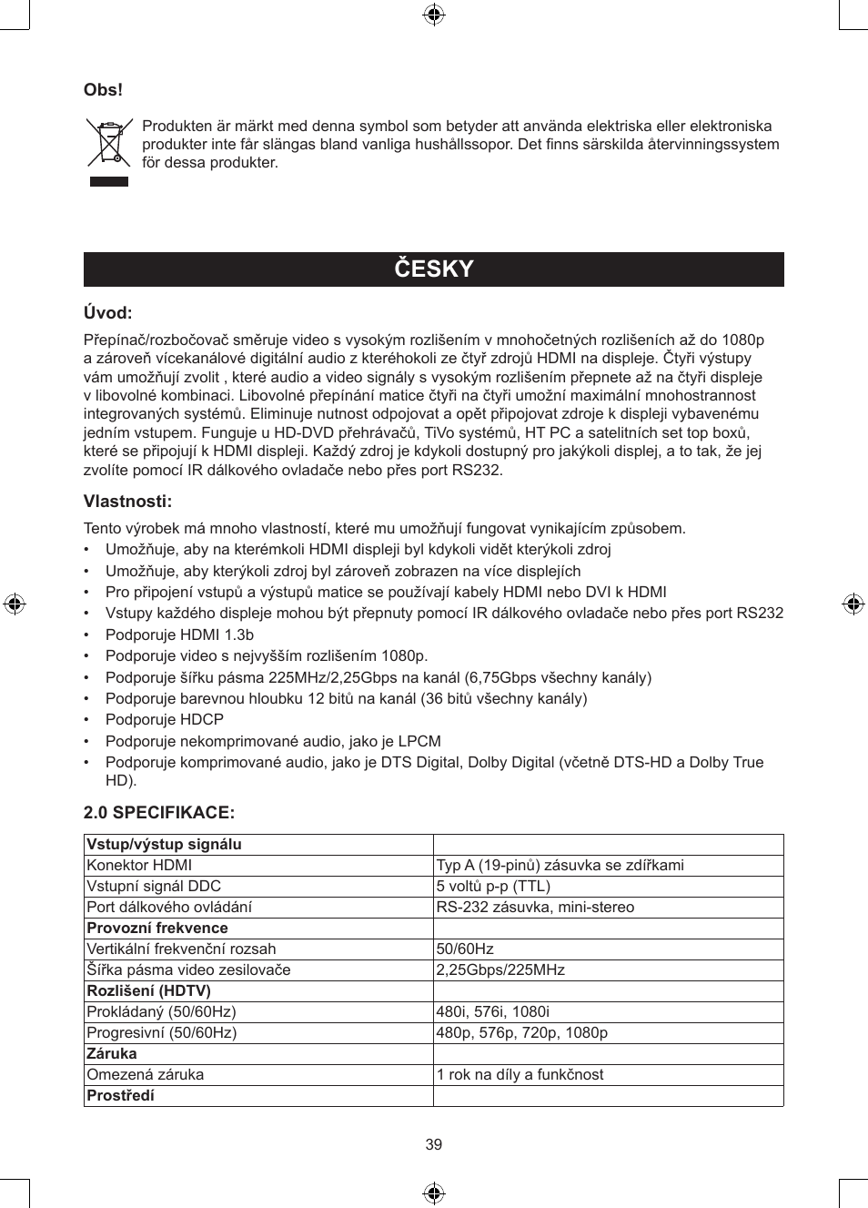 Česky | Konig Electronic 4 x 4port HDMI matrix switch User Manual | Page 39 / 52