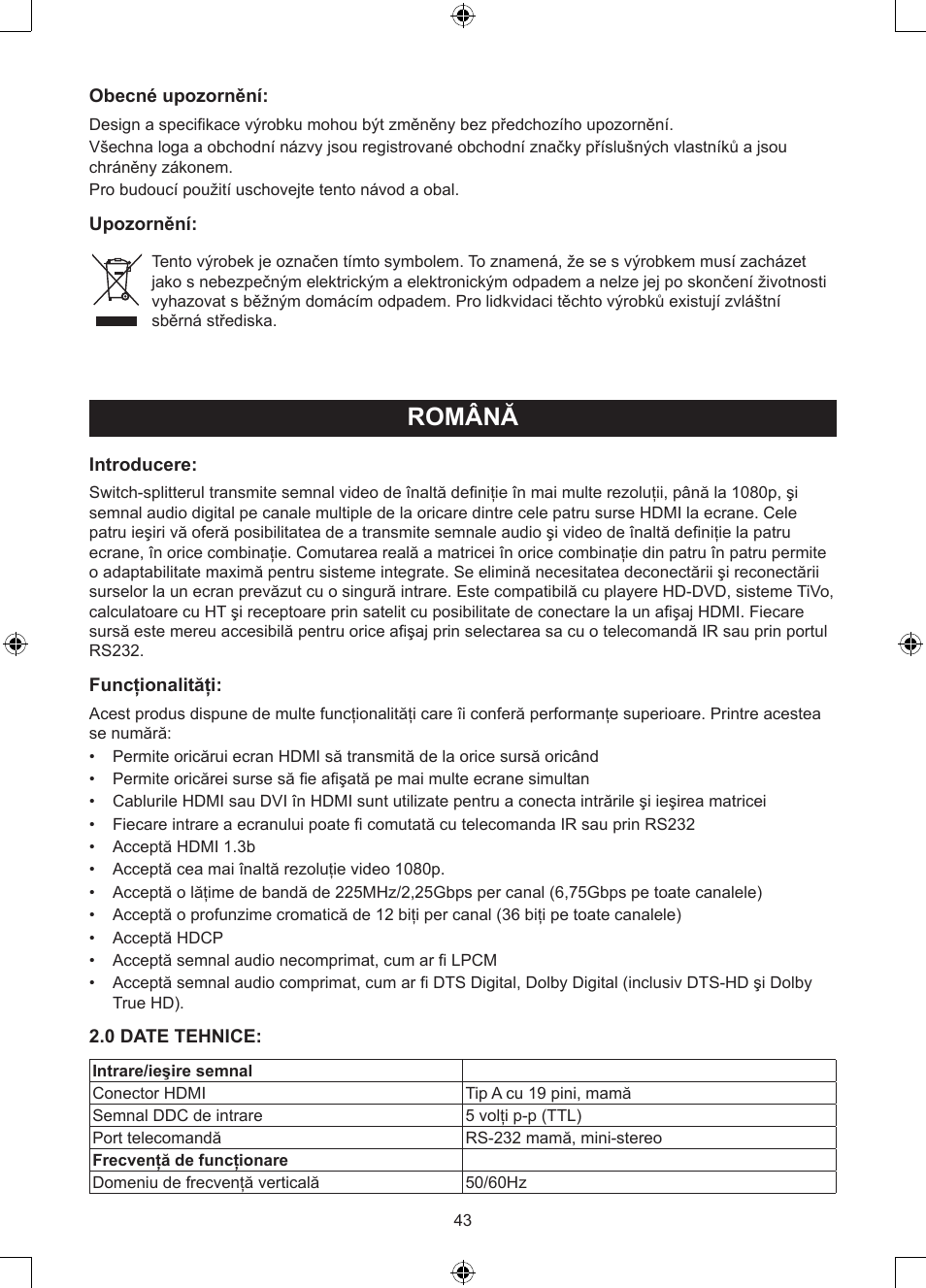 Română | Konig Electronic 4 x 4port HDMI matrix switch User Manual | Page 43 / 52