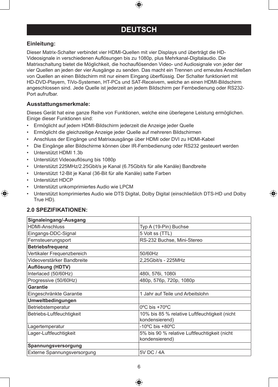 Deutsch | Konig Electronic 4 x 4port HDMI matrix switch User Manual | Page 6 / 52