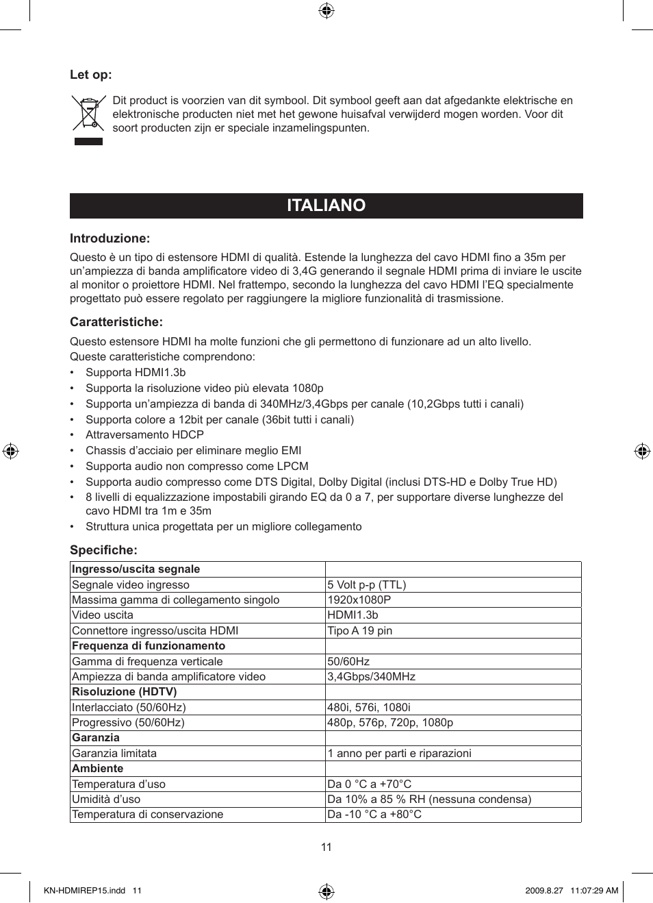 Italiano, Manuale (p. 11), Ripetitore hdmi 3,4ghz | Konig Electronic HDMI repeater 3.4 Gbps User Manual | Page 11 / 30