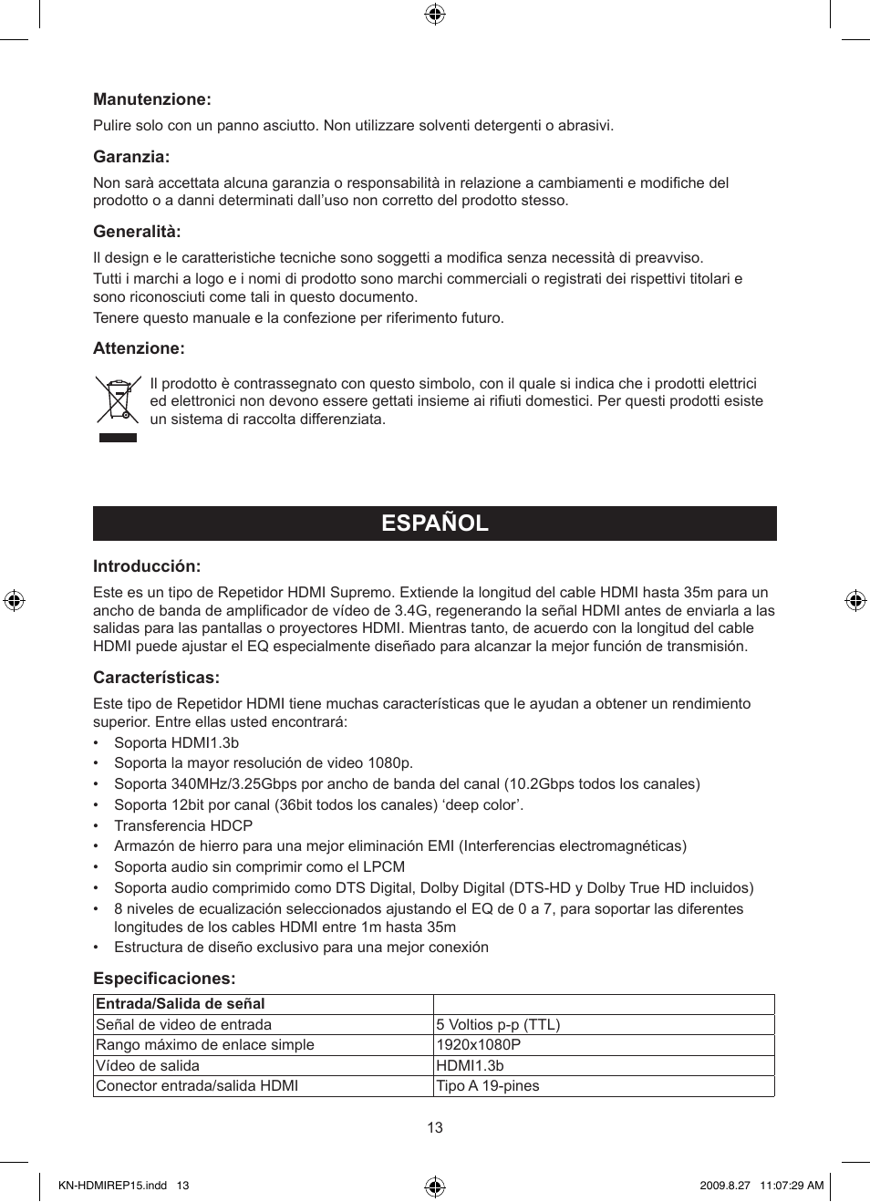 Español, Manual de uso (p. 13), Repetidor hdmi de 3.4ghz | Konig Electronic HDMI repeater 3.4 Gbps User Manual | Page 13 / 30