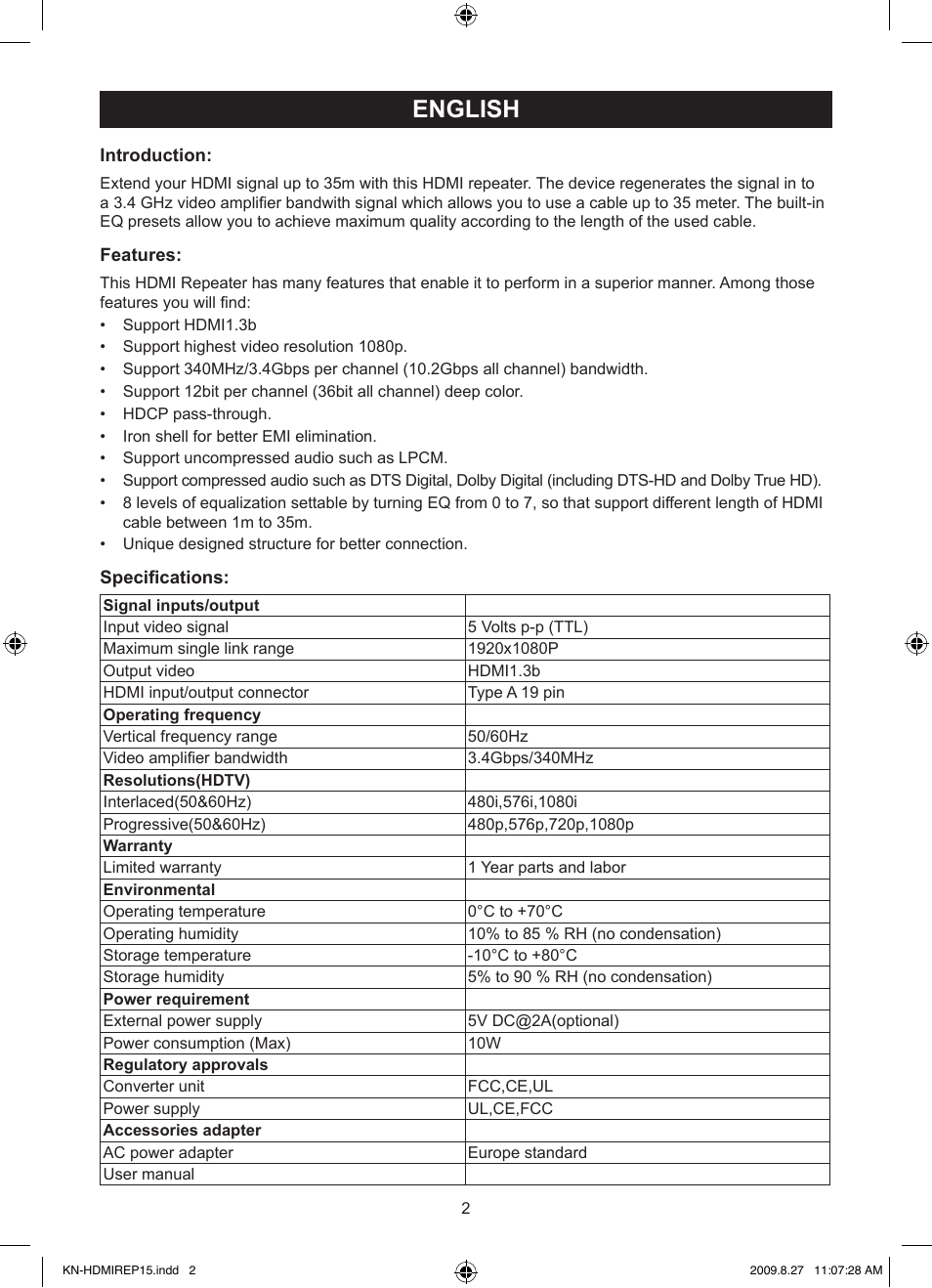 English, Manual (p. 2), Hdmi 3.4ghz repeater | Konig Electronic HDMI repeater 3.4 Gbps User Manual | Page 2 / 30