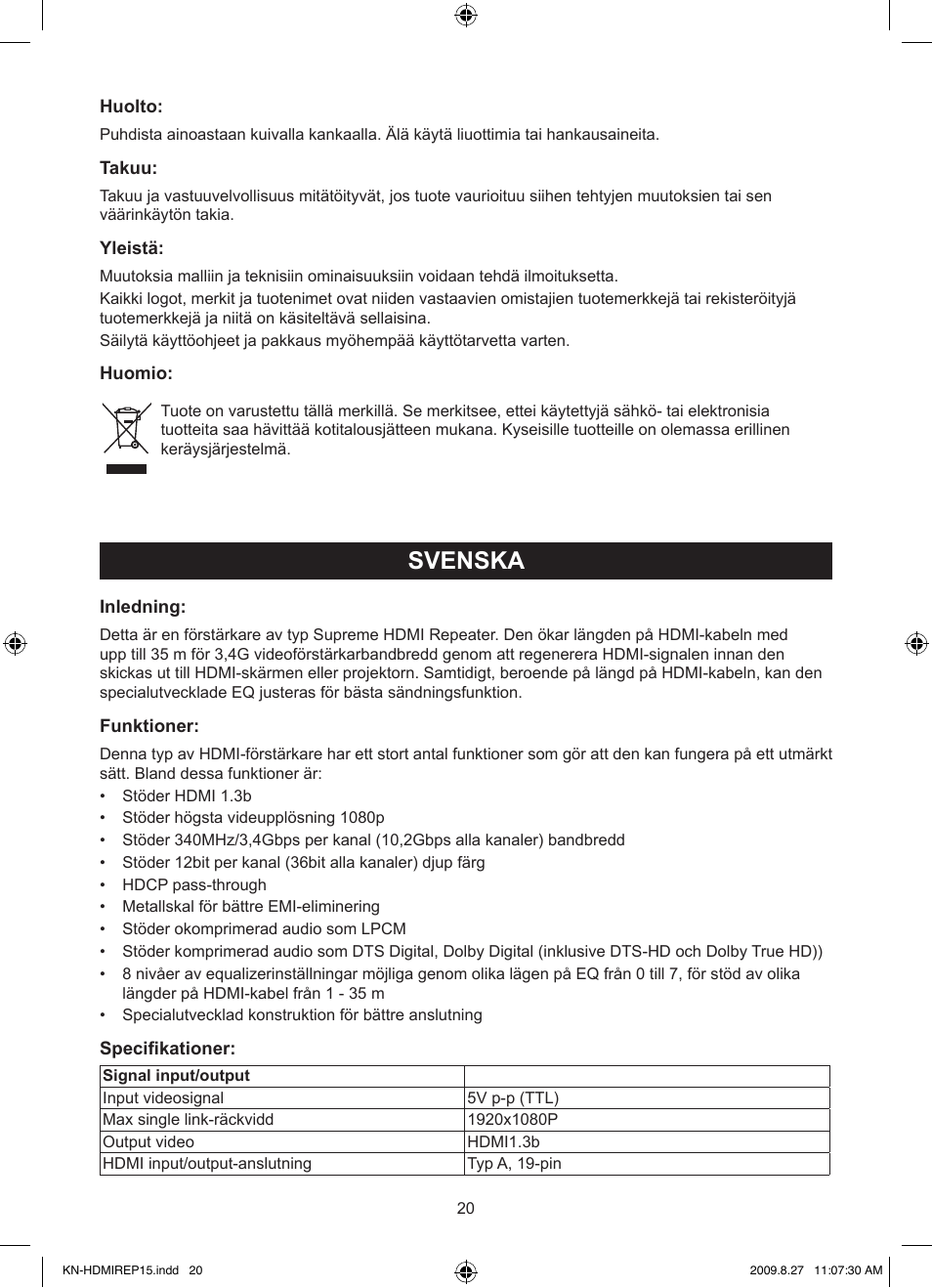 Svenska, Bruksanvisning (s. 20), Hdmi 3,4ghz förstärkare | Konig Electronic HDMI repeater 3.4 Gbps User Manual | Page 20 / 30