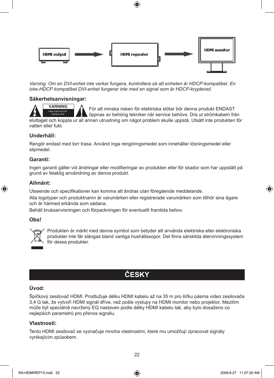 Česky, Návod k použití (s. 22), Zesilovač hdmi 3,4 ghz | Konig Electronic HDMI repeater 3.4 Gbps User Manual | Page 22 / 30
