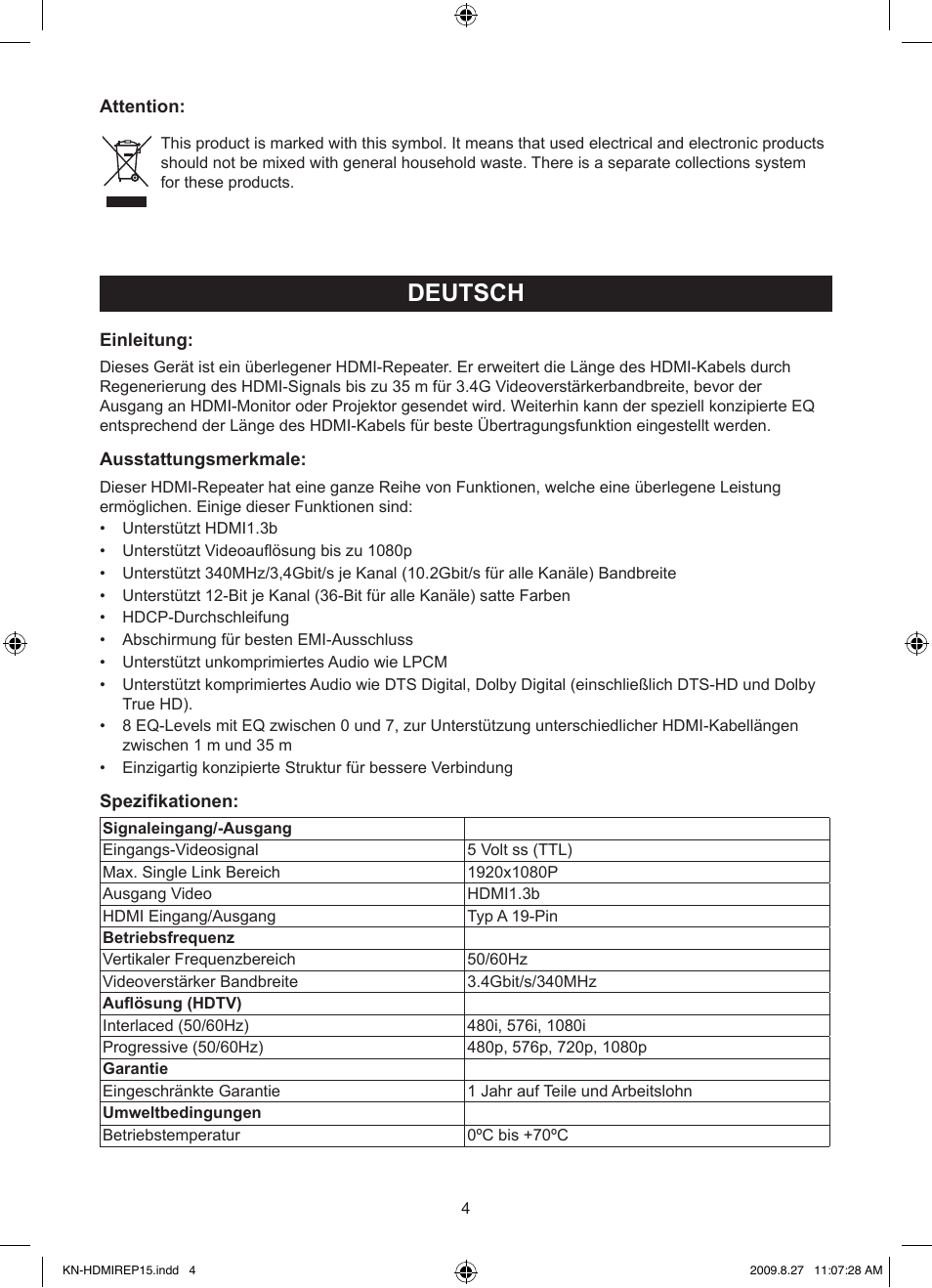 Deutsch, Anleitung (s. 4), Hdmi 3.4ghz repeater | Konig Electronic HDMI repeater 3.4 Gbps User Manual | Page 4 / 30