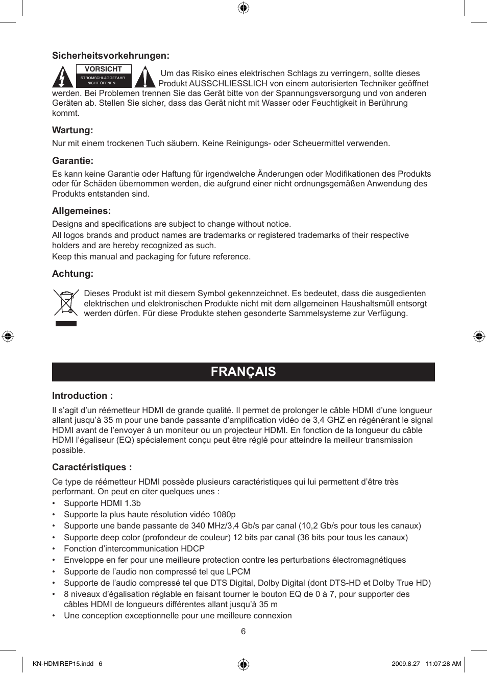 Français, Mode d’emploi (p. 6), Réémetteur hdmi 3,4 ghz | Konig Electronic HDMI repeater 3.4 Gbps User Manual | Page 6 / 30