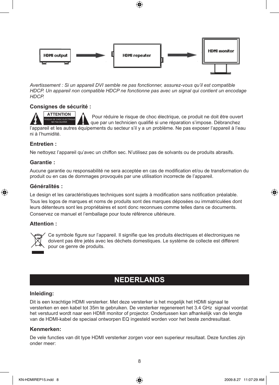 Nederlands, Gebruiksaanwijzing (p. 8), Hdmi 3.4ghz lijnversterker | Konig Electronic HDMI repeater 3.4 Gbps User Manual | Page 8 / 30