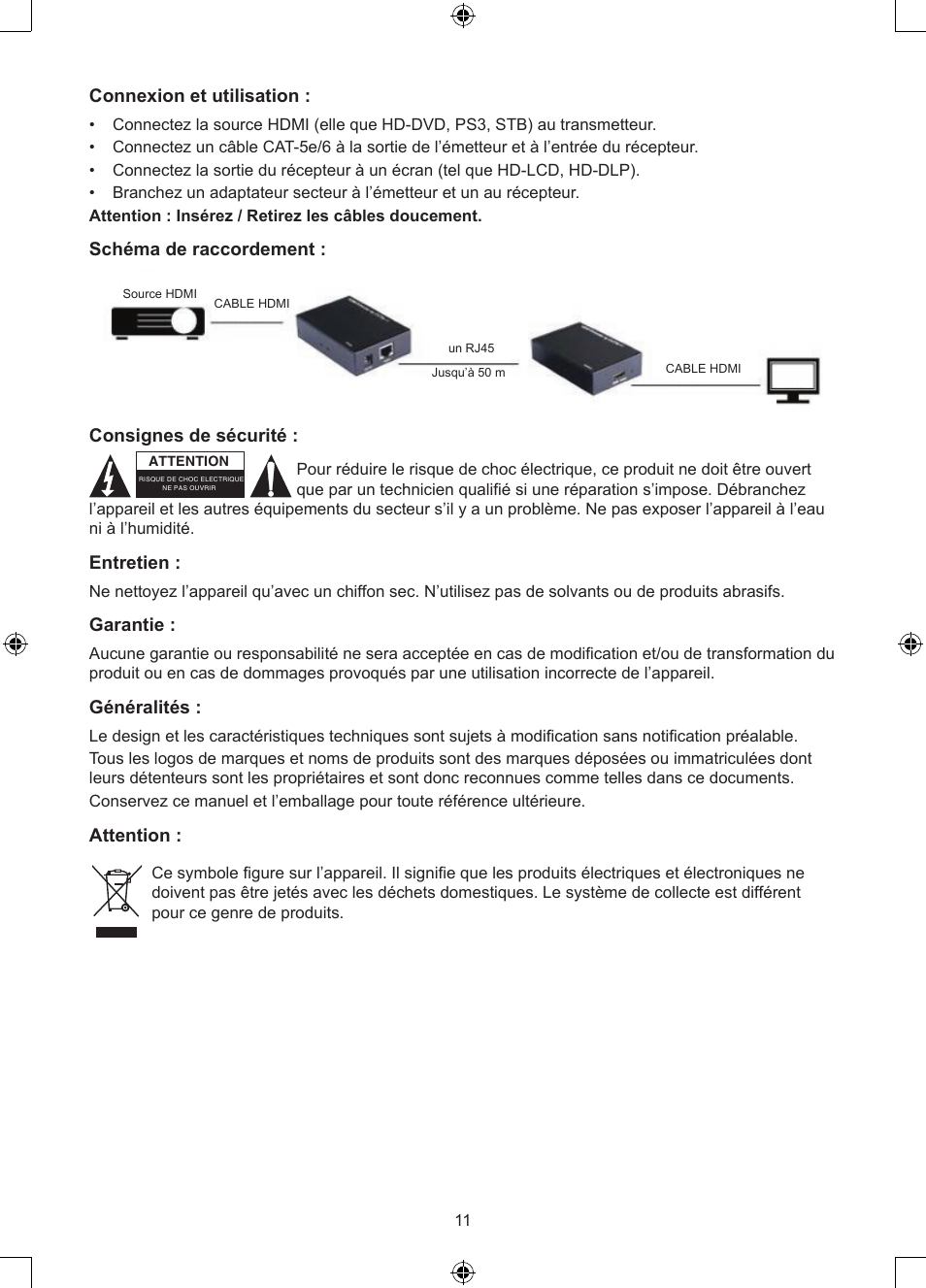 Connexion et utilisation, Schéma de raccordement, Consignes de sécurité | Entretien, Garantie, Généralités, Attention | Konig Electronic HDMI extender 3.4 Gbps User Manual | Page 11 / 42