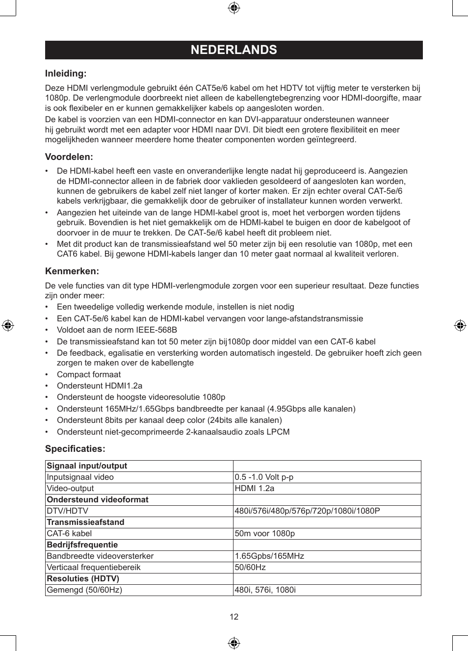 Nederlands, Gebruiksaanwijzing (p. 12), Hdmi over 1xutp cat5e lijnversterker | Konig Electronic HDMI extender 3.4 Gbps User Manual | Page 12 / 42