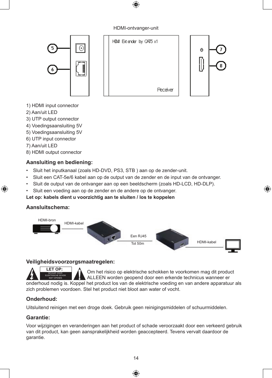 Aansluiting en bediening, Aansluitschema, Veiligheidsvoorzorgsmaatregelen | Onderhoud, Garantie | Konig Electronic HDMI extender 3.4 Gbps User Manual | Page 14 / 42