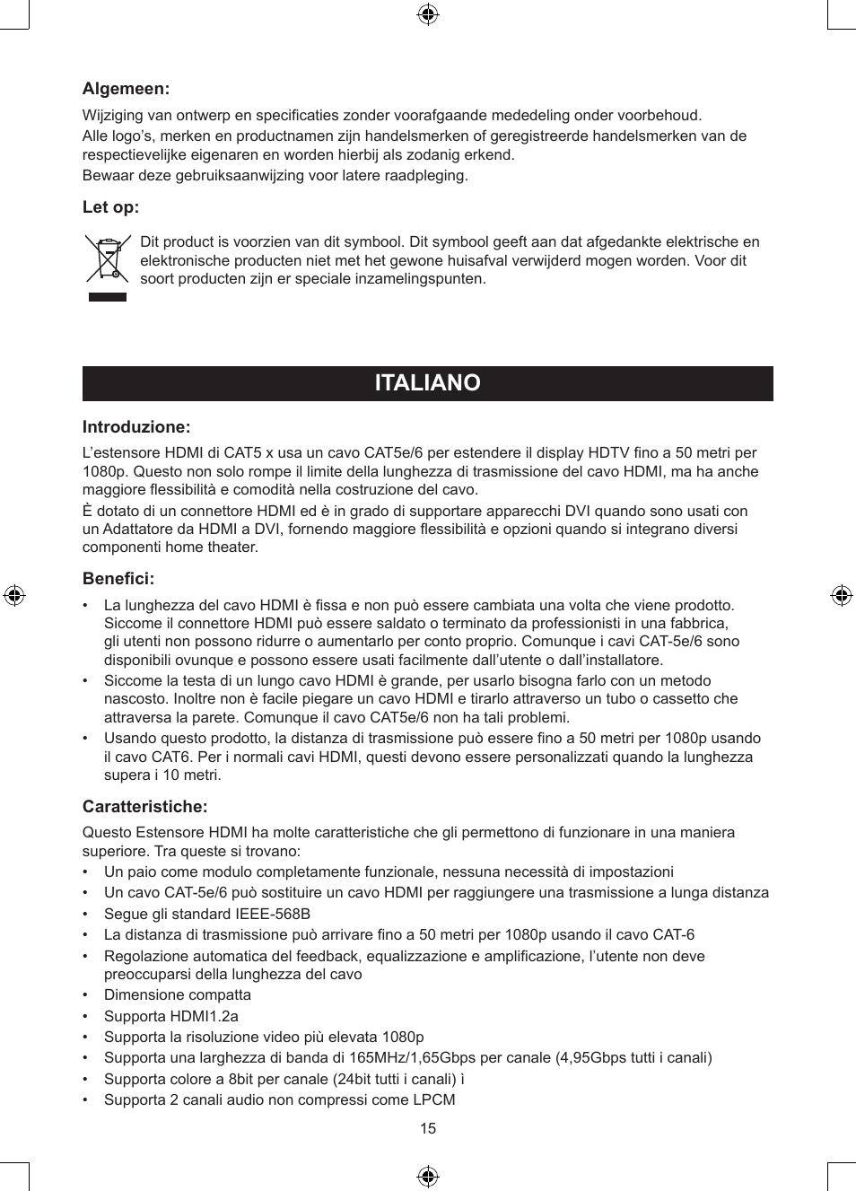 Italiano, Manuale (p. 15), Ripetitore hdmi su 1xutp cat5e | Konig Electronic HDMI extender 3.4 Gbps User Manual | Page 15 / 42