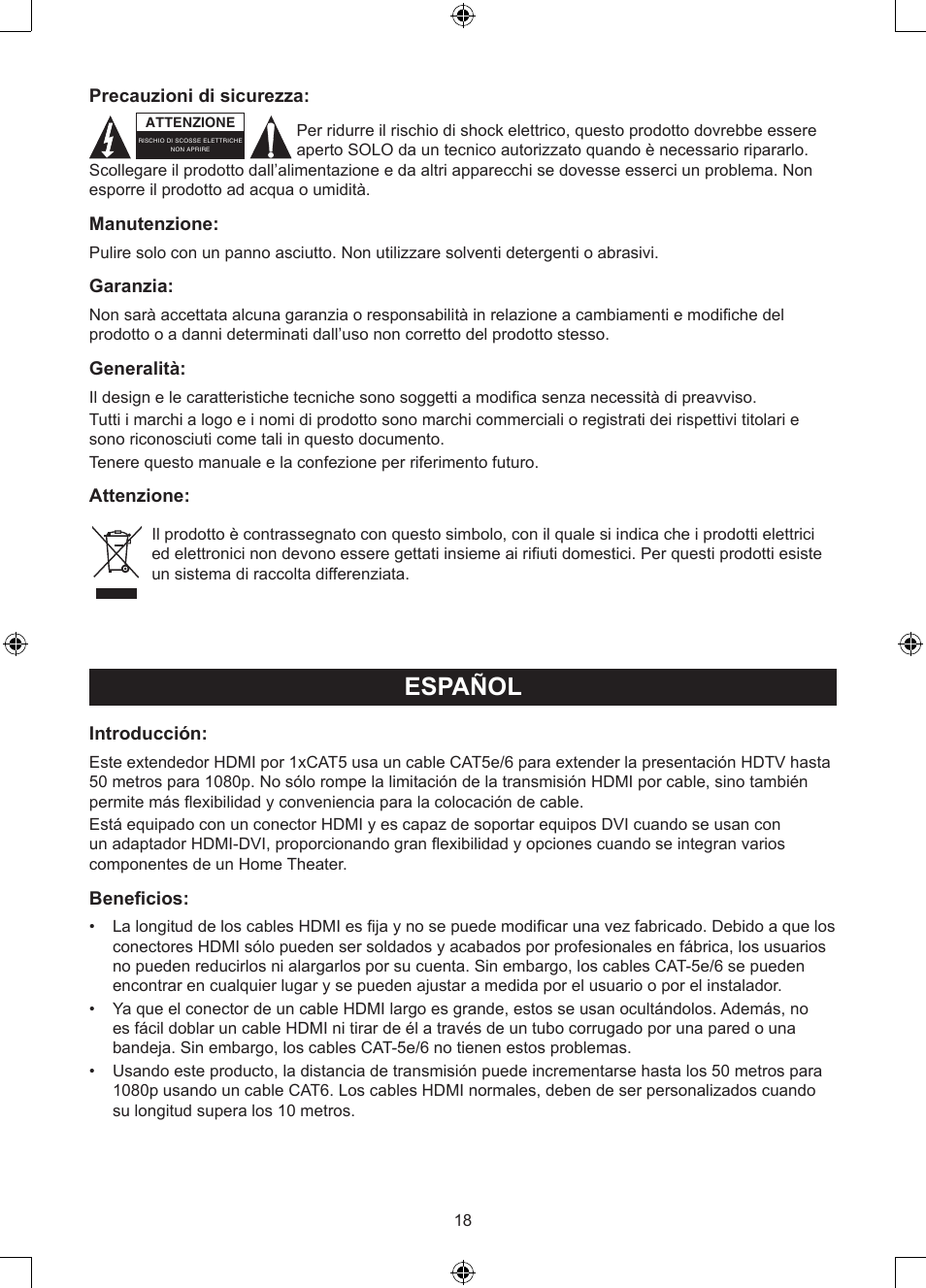 Español, Manual de uso (p. 18), Repetidor hdmi sobre 1xutp cat5e | Konig Electronic HDMI extender 3.4 Gbps User Manual | Page 18 / 42