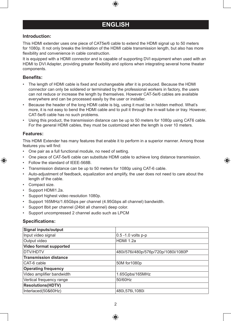 English, Manual (p. 2), Hdmi over 1xutp cat5e | Konig Electronic HDMI extender 3.4 Gbps User Manual | Page 2 / 42