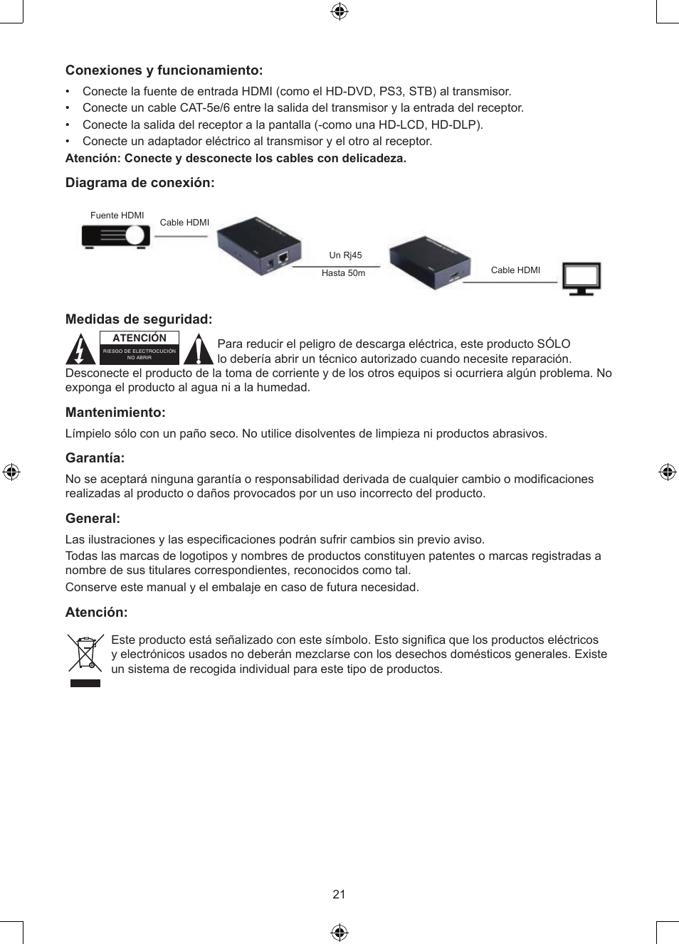 Conexiones y funcionamiento, Diagrama de conexión, Medidas de seguridad | Mantenimiento, Garantía, General, Atención | Konig Electronic HDMI extender 3.4 Gbps User Manual | Page 21 / 42