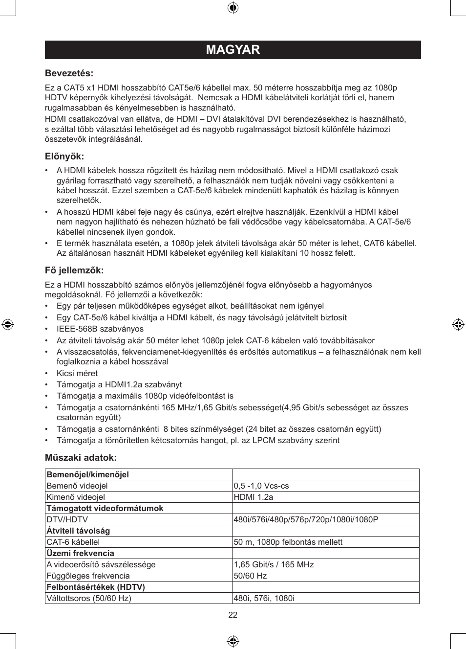 Magyar, Használati útmutató (o. 22.), 1xutp cat5e kábeles hdmi ismétlő | Konig Electronic HDMI extender 3.4 Gbps User Manual | Page 22 / 42