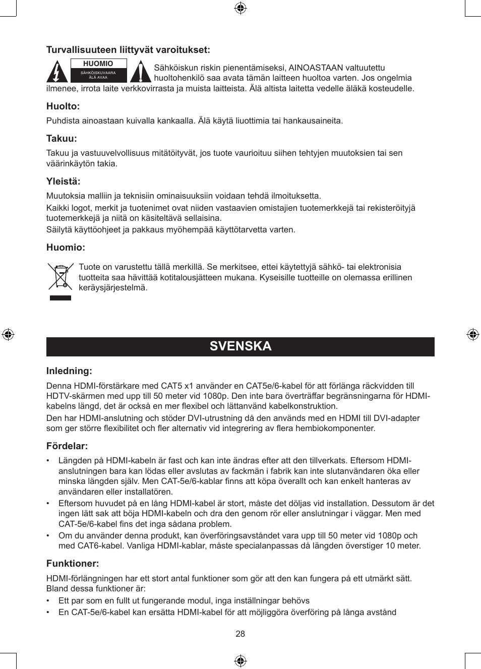 Svenska, Bruksanvisning (s. 28), Hdmi över 1xutp cat5e förstärkare | Konig Electronic HDMI extender 3.4 Gbps User Manual | Page 28 / 42