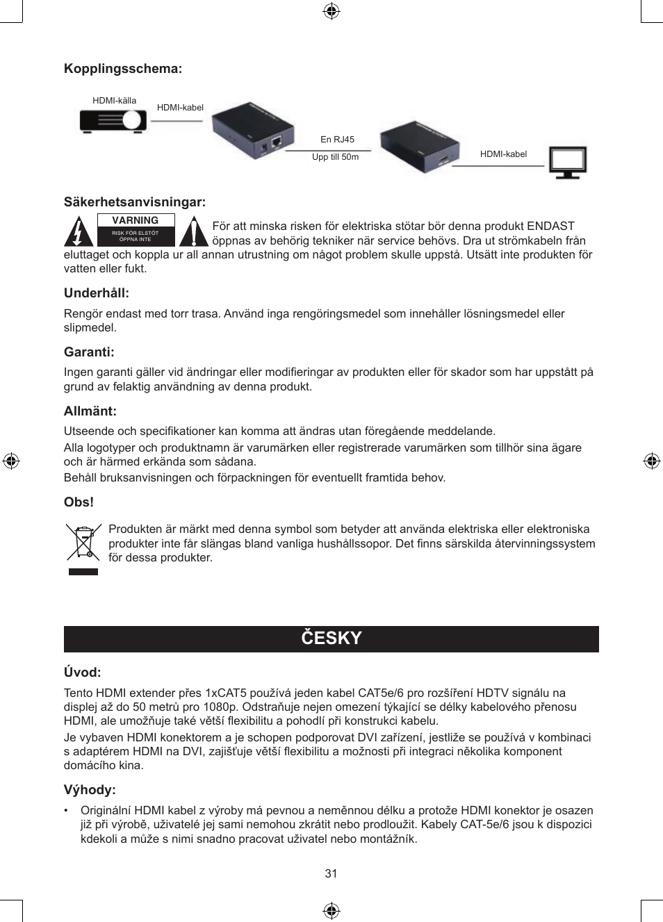 Česky, Návod k použití (s. 31), Zesilovač hdmi přes 1xutp cat5e | Konig Electronic HDMI extender 3.4 Gbps User Manual | Page 31 / 42