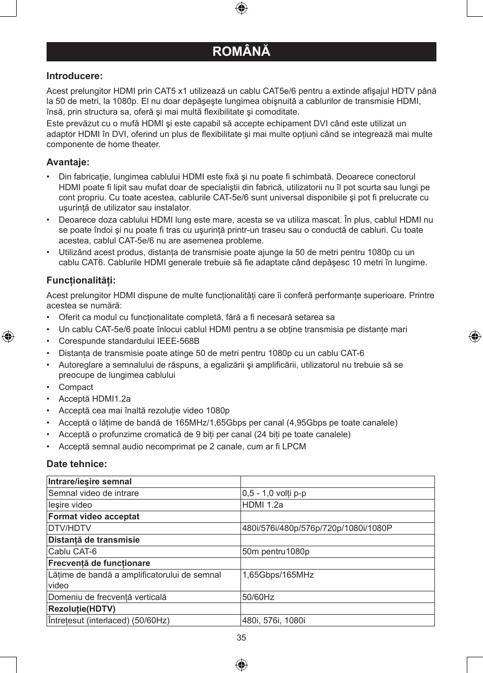 Română, Manual de utilizare (p. 35), Repetor hdmi prin 1xutp cat5e | Konig Electronic HDMI extender 3.4 Gbps User Manual | Page 35 / 42