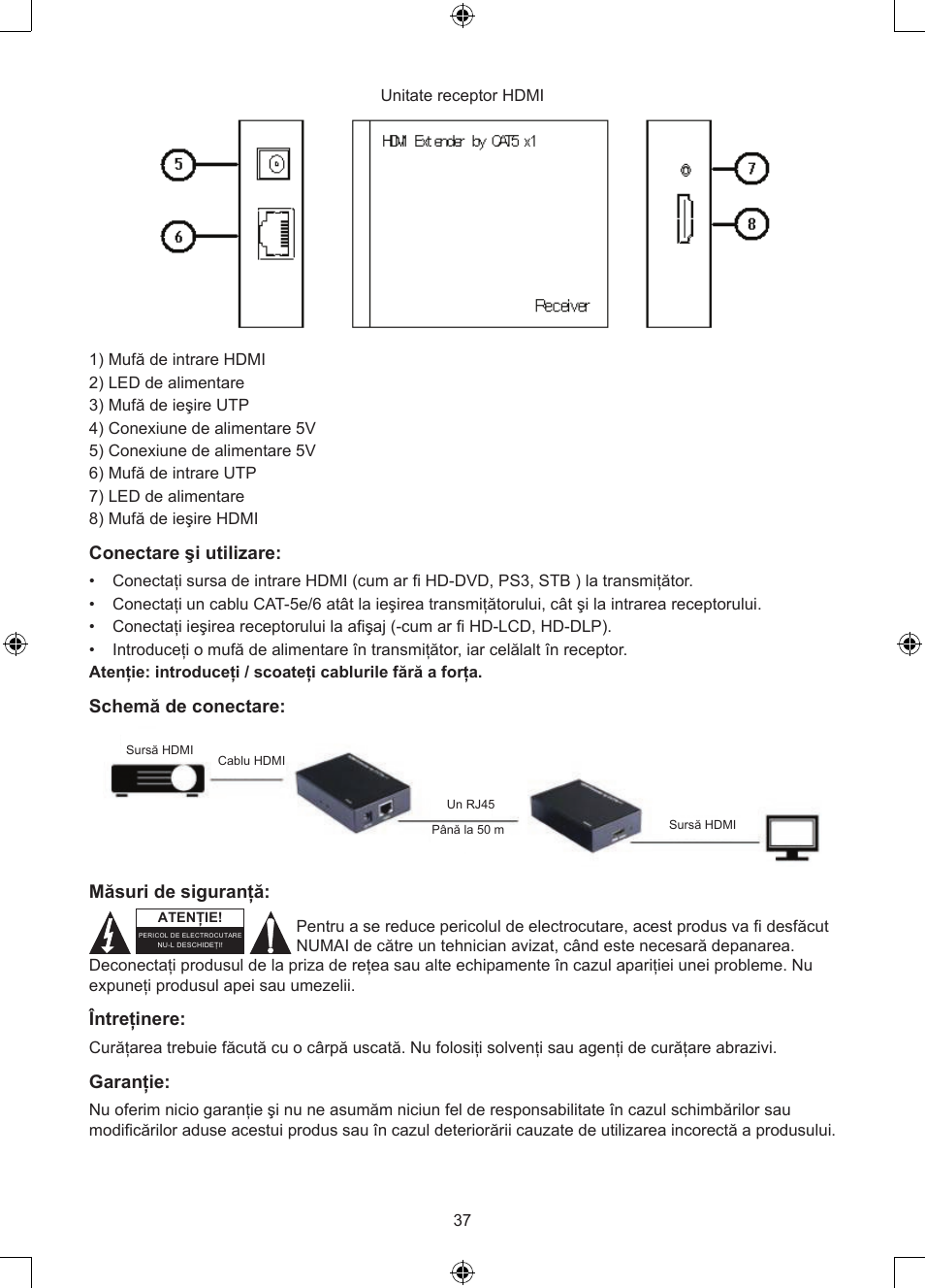 Conectare şi utilizare, Schemă de conectare, Măsuri de siguranţă | Întreţinere, Garanţie | Konig Electronic HDMI extender 3.4 Gbps User Manual | Page 37 / 42