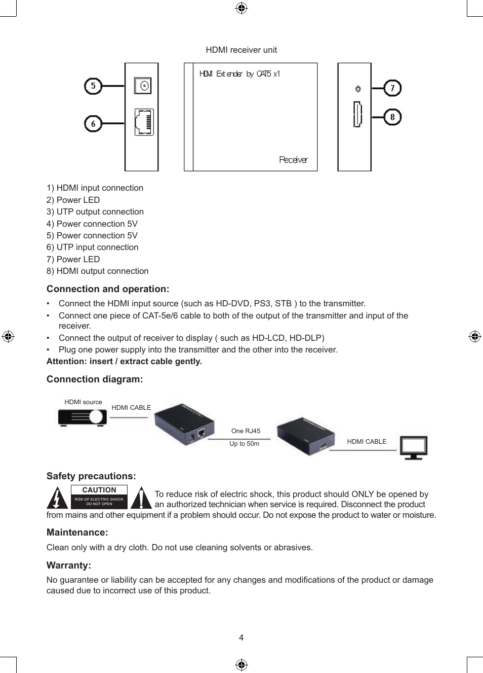 Connection and operation, Connection diagram, Safety precautions | Maintenance, Warranty | Konig Electronic HDMI extender 3.4 Gbps User Manual | Page 4 / 42