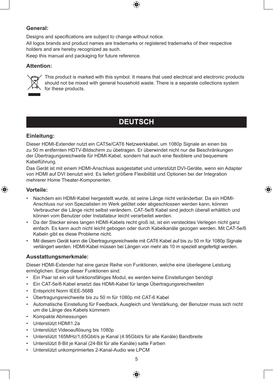 Deutsch, Anleitung (s. 5), Hdmi über 1xutp cat5e repeater | Konig Electronic HDMI extender 3.4 Gbps User Manual | Page 5 / 42