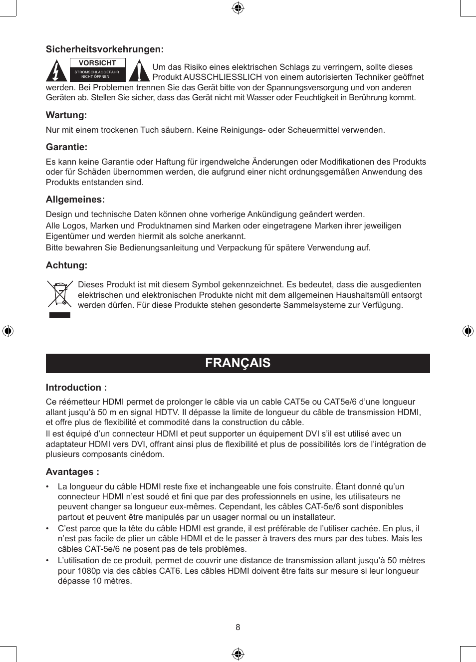 Français, Mode d’emploi (p. 8), Réémetteur hdmi sur câble à paires | Torsadées non blindées (utp) de, Catégorie 5 améliorée (cat5e) | Konig Electronic HDMI extender 3.4 Gbps User Manual | Page 8 / 42