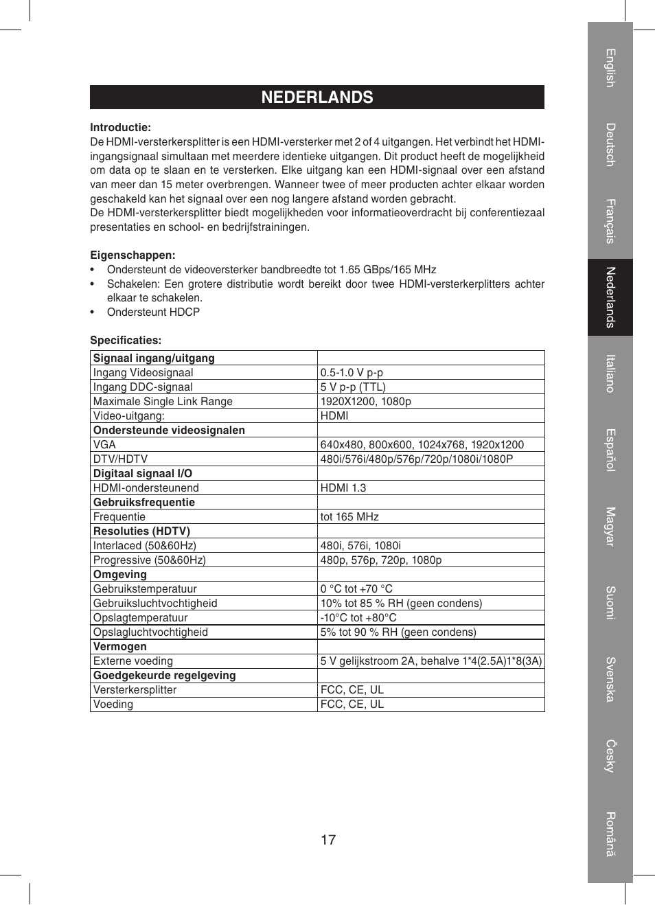 Nederlands | Konig Electronic 4 port HDMI splitter User Manual | Page 17 / 56