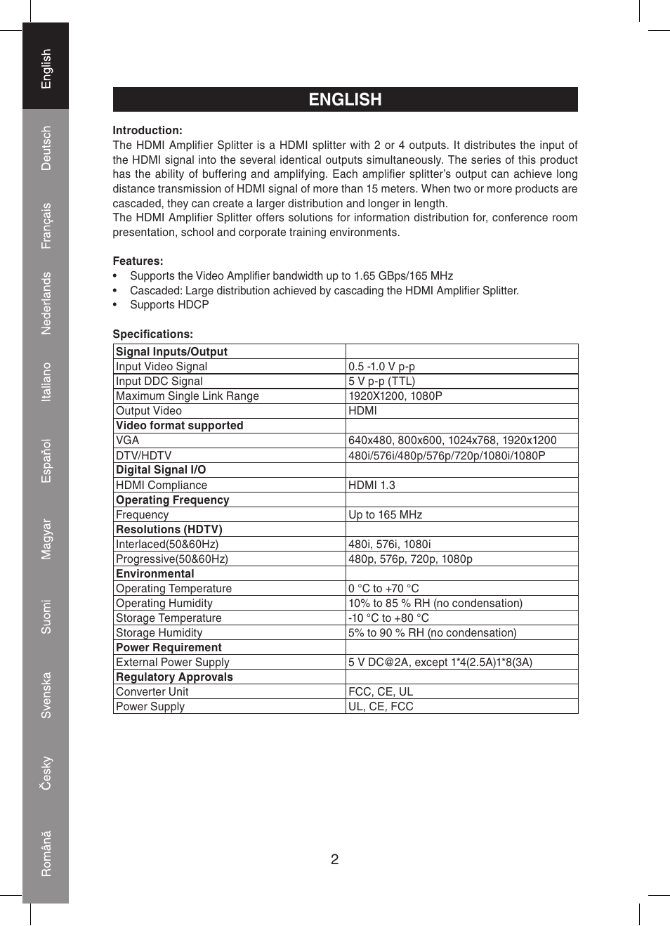 English | Konig Electronic 4 port HDMI splitter User Manual | Page 2 / 56