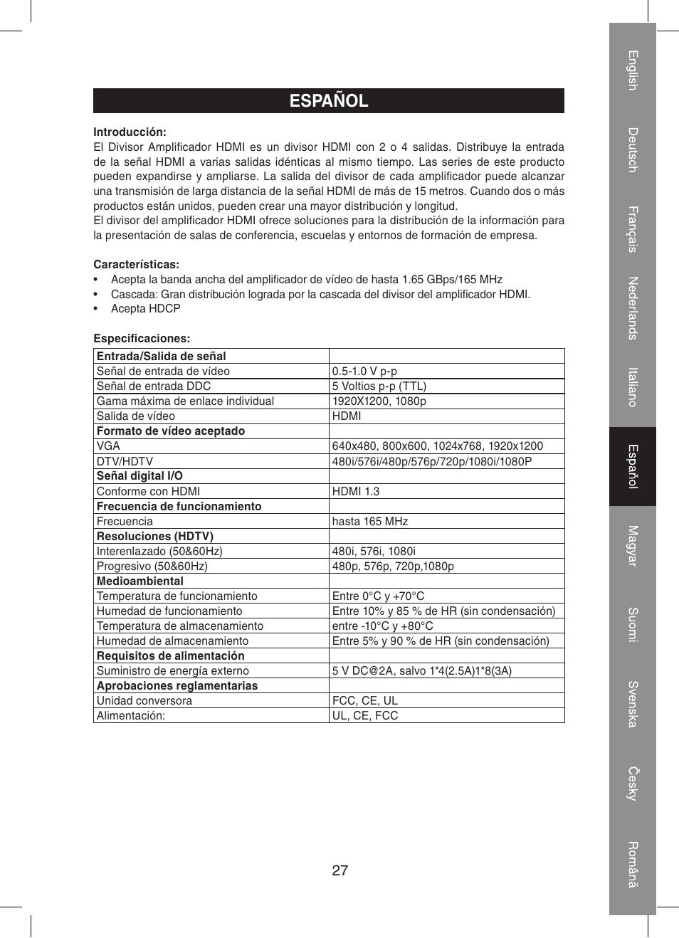 Español | Konig Electronic 4 port HDMI splitter User Manual | Page 27 / 56