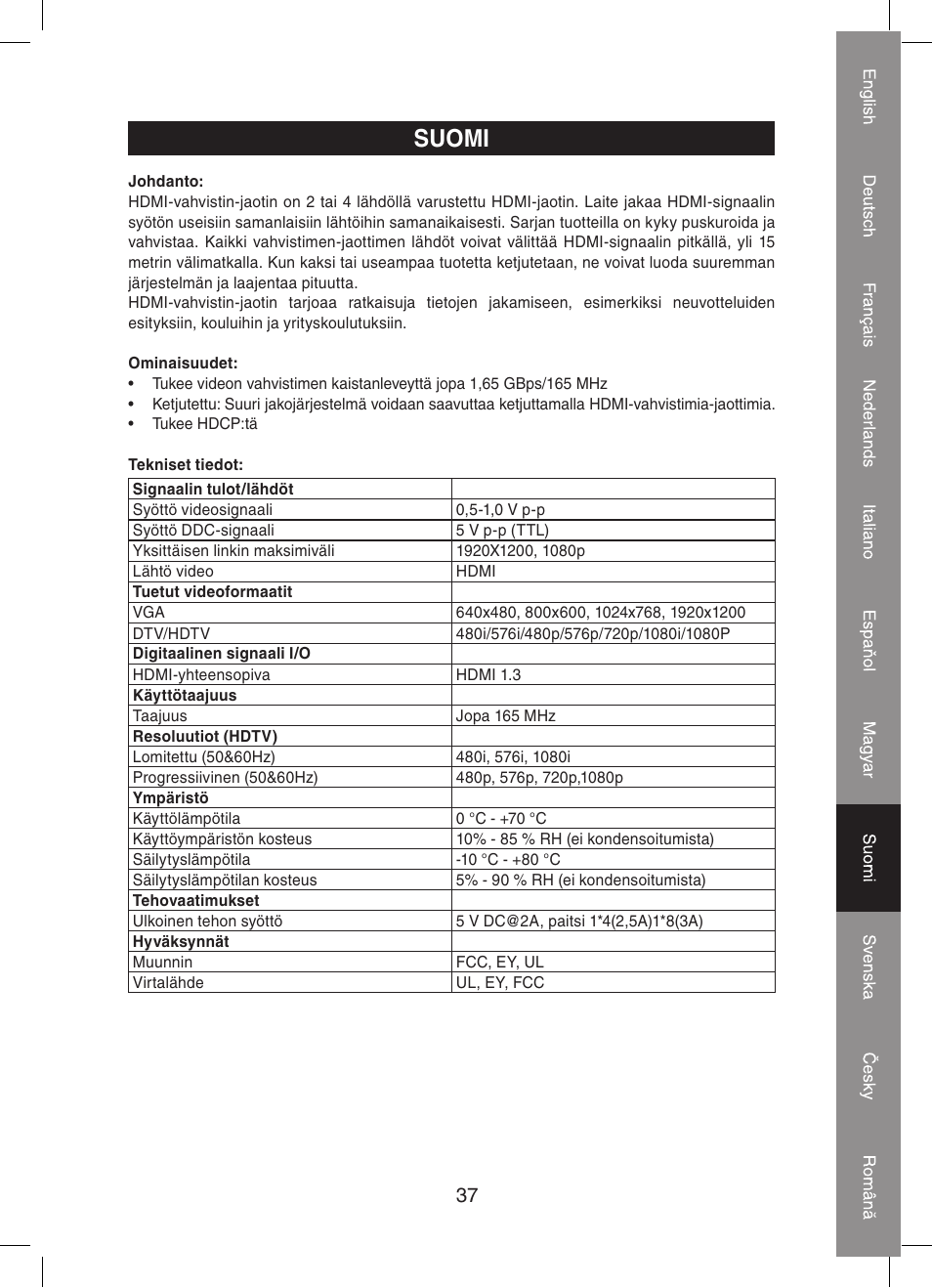 Suomi | Konig Electronic 4 port HDMI splitter User Manual | Page 37 / 56