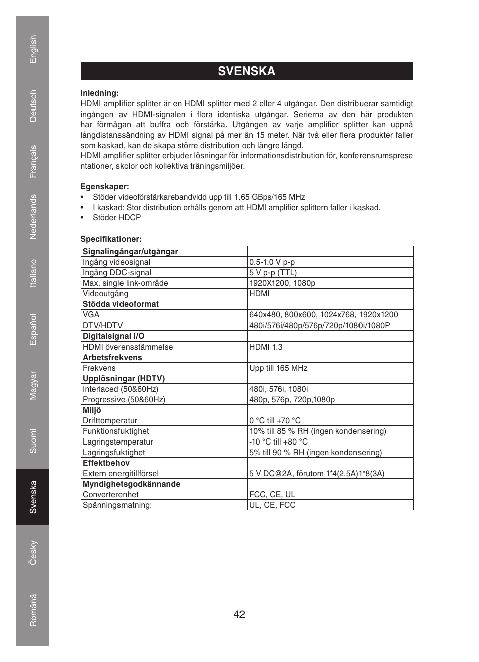 Svenska | Konig Electronic 4 port HDMI splitter User Manual | Page 42 / 56