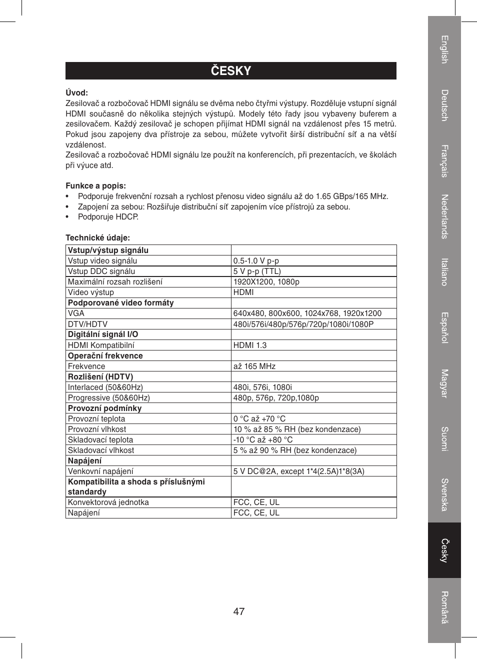 Česky | Konig Electronic 4 port HDMI splitter User Manual | Page 47 / 56