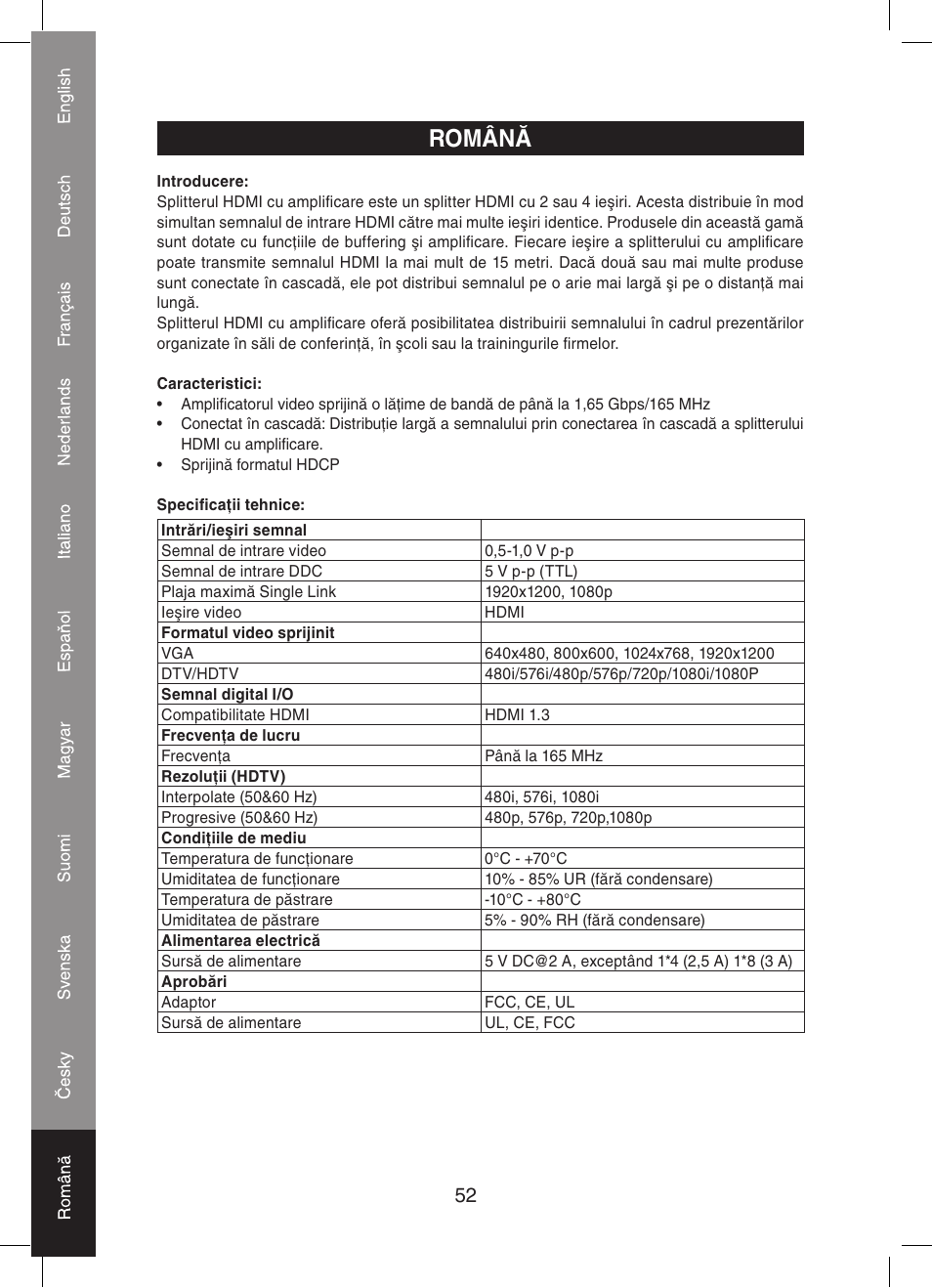 Română | Konig Electronic 4 port HDMI splitter User Manual | Page 52 / 56