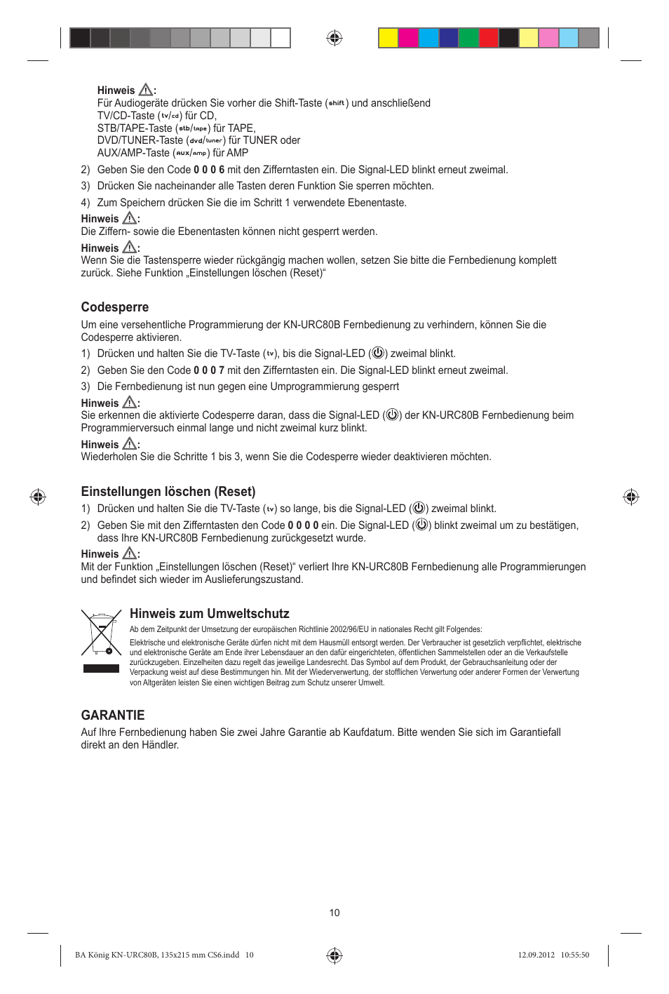 Codesperre, Einstellungen löschen (reset), Hinweis zum umweltschutz | Garantie | Konig Electronic 8:1 universal remote control User Manual | Page 10 / 112