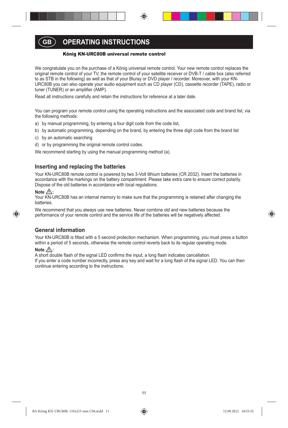 Operating instructions, Inserting and replacing the batteries, General information | Konig Electronic 8:1 universal remote control User Manual | Page 11 / 112