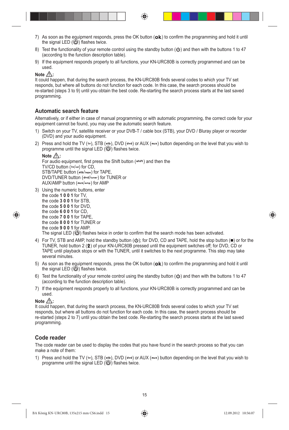 Automatic search feature, Code reader | Konig Electronic 8:1 universal remote control User Manual | Page 15 / 112