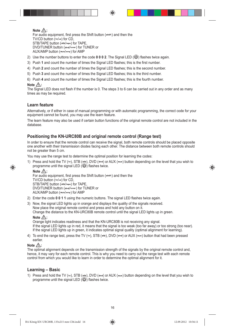 Learn feature, Learning – basic | Konig Electronic 8:1 universal remote control User Manual | Page 16 / 112