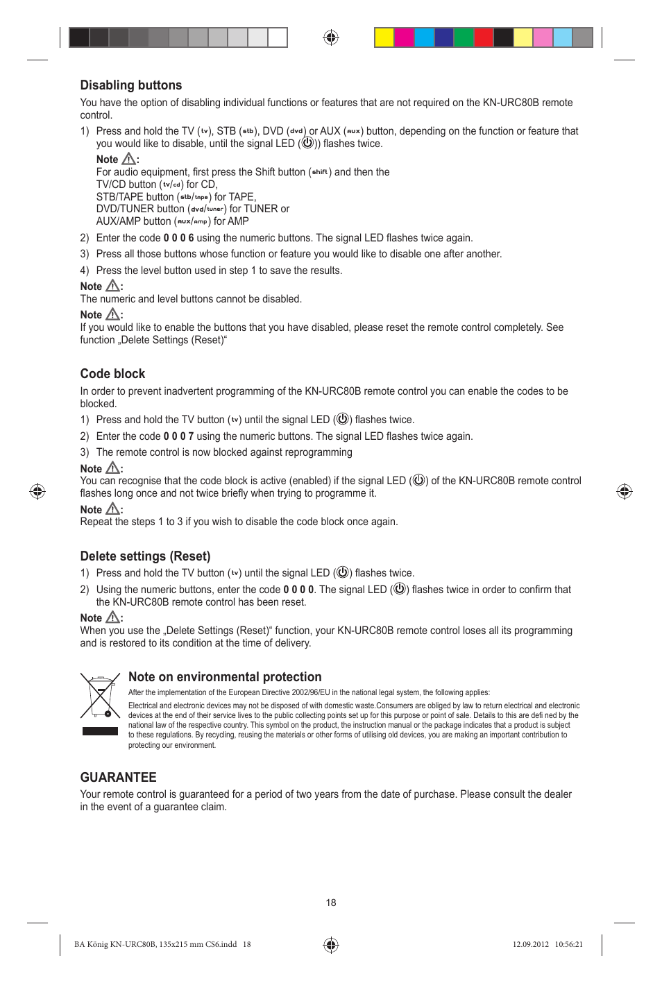 Disabling buttons, Code block, Delete settings (reset) | Guarantee | Konig Electronic 8:1 universal remote control User Manual | Page 18 / 112