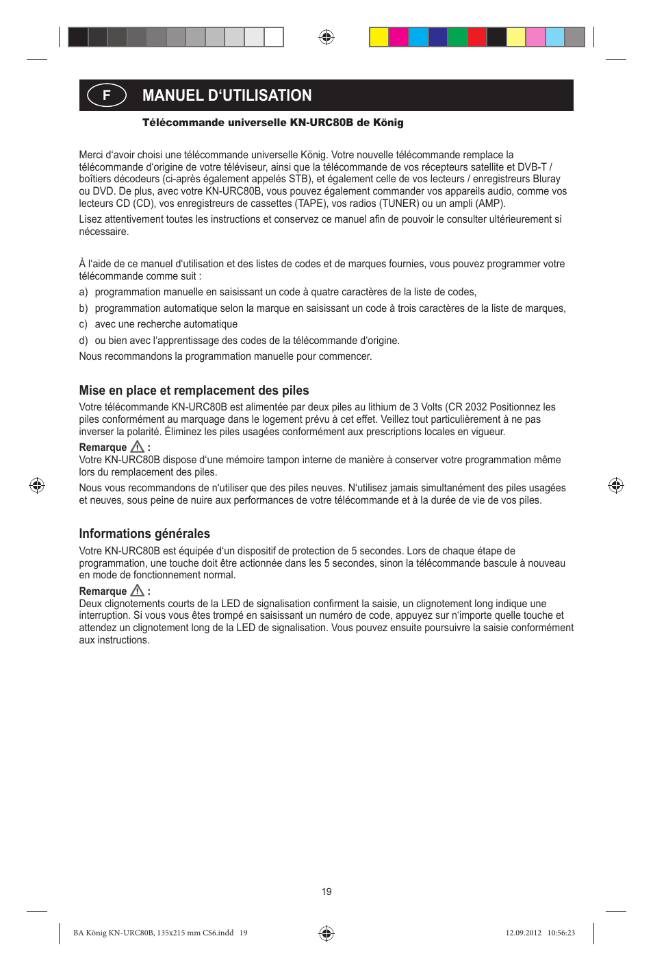 Manuel d‘utilisation, Mise en place et remplacement des piles, Informations générales | Konig Electronic 8:1 universal remote control User Manual | Page 19 / 112