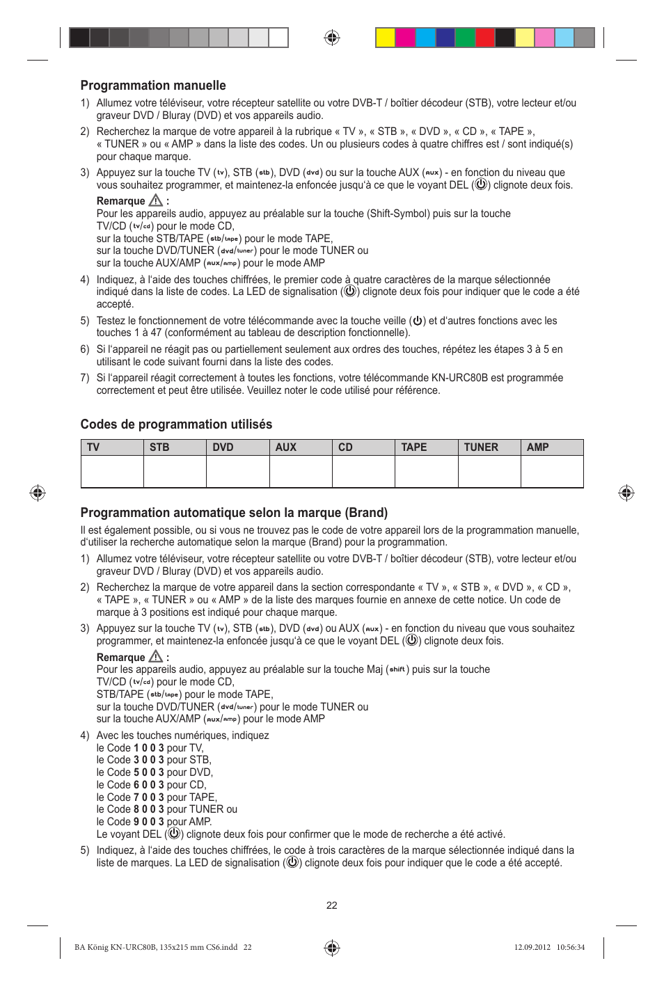 Programmation manuelle, Codes de programmation utilisés, Programmation automatique selon la marque (brand) | Konig Electronic 8:1 universal remote control User Manual | Page 22 / 112