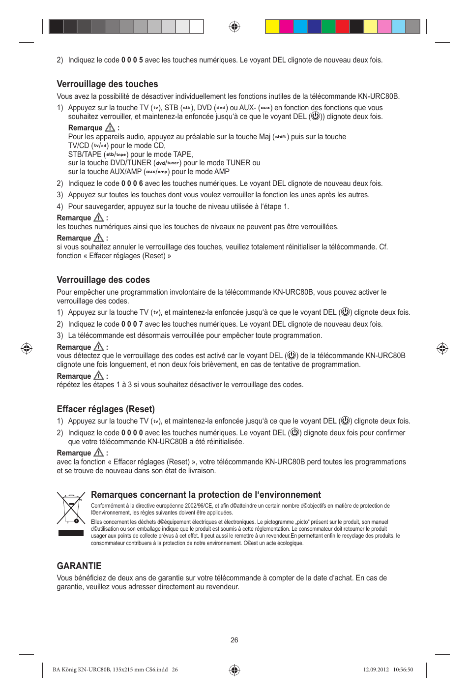 Verrouillage des touches, Verrouillage des codes, Effacer réglages (reset) | Garantie | Konig Electronic 8:1 universal remote control User Manual | Page 26 / 112