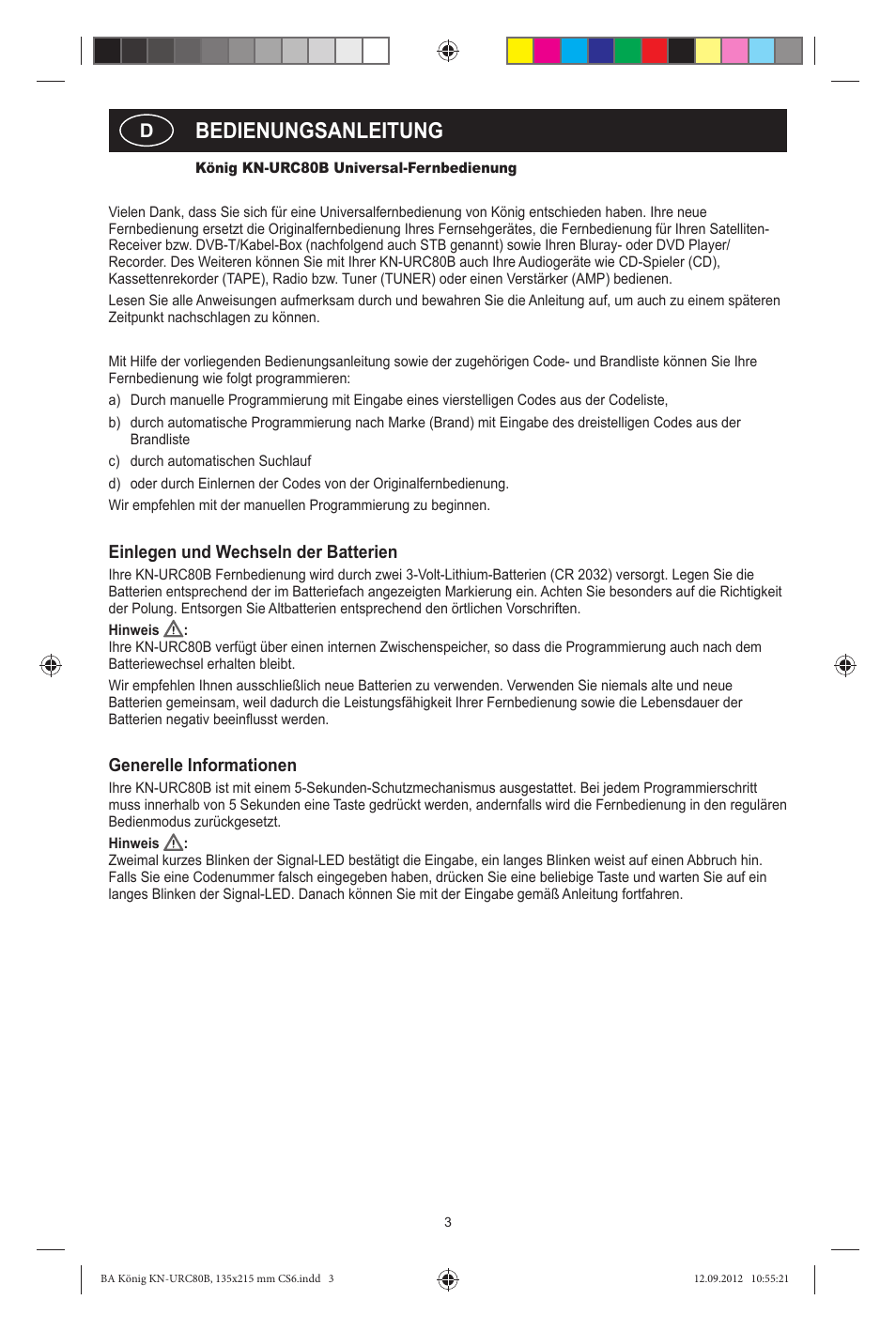 Bedienungsanleitung, Einlegen und wechseln der batterien, Generelle informationen | Konig Electronic 8:1 universal remote control User Manual | Page 3 / 112